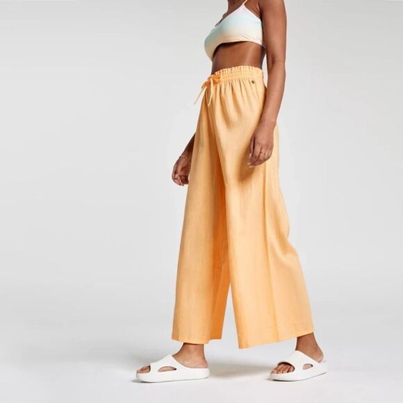 CALIA Linen Blend High Waisted Wide Leg Cover Up Swim Pant Sunrise Orange Size L - Picture 1 of 11
